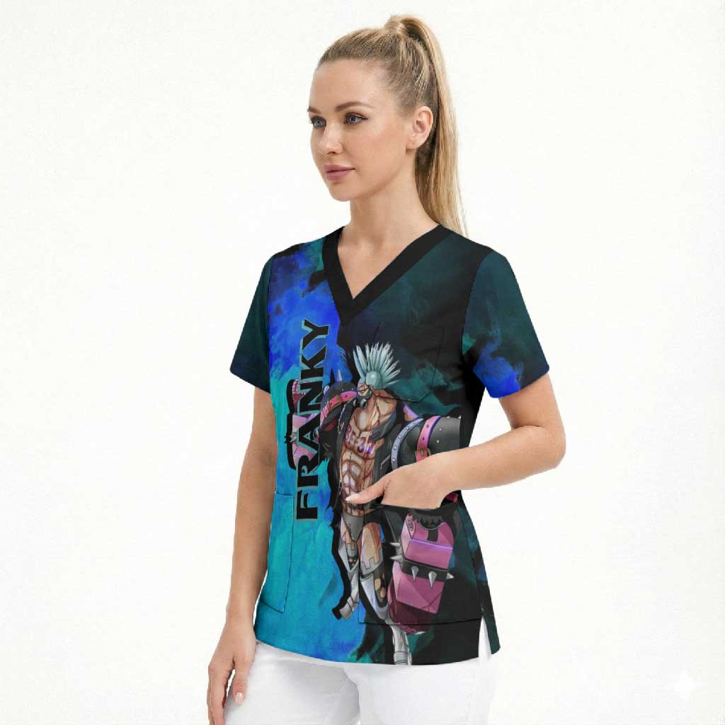 Franky One Piece Blue Theme Scrub Top with Cyborg Design and Shipwright Pose - The Mazicc