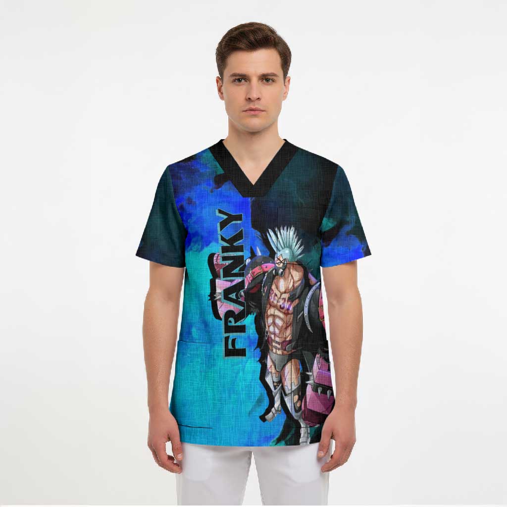 Franky One Piece Blue Theme Scrub Top with Cyborg Design and Shipwright Pose - The Mazicc