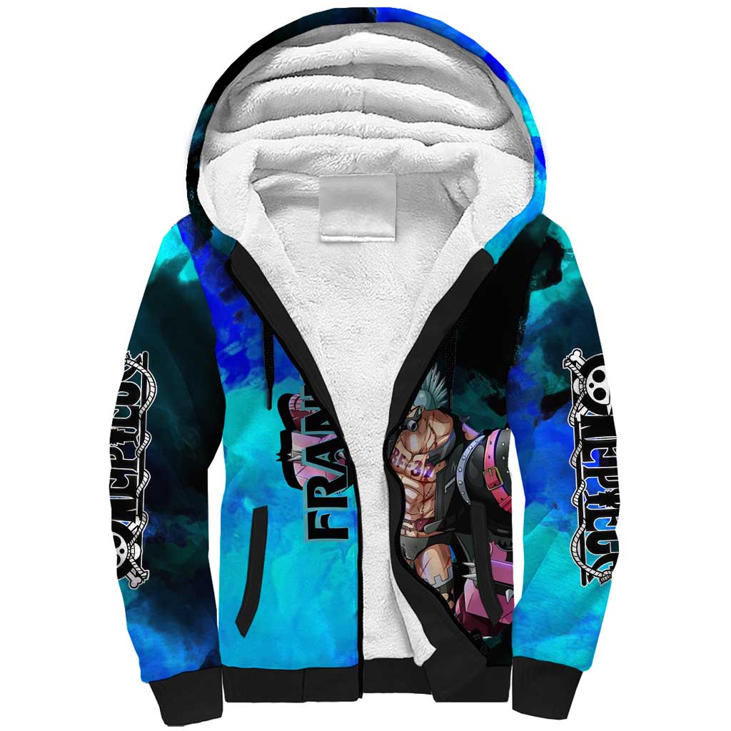 Franky One Piece Blue Theme Sherpa Hoodie with Cyborg Design and Shipwright Pose - The Mazicc