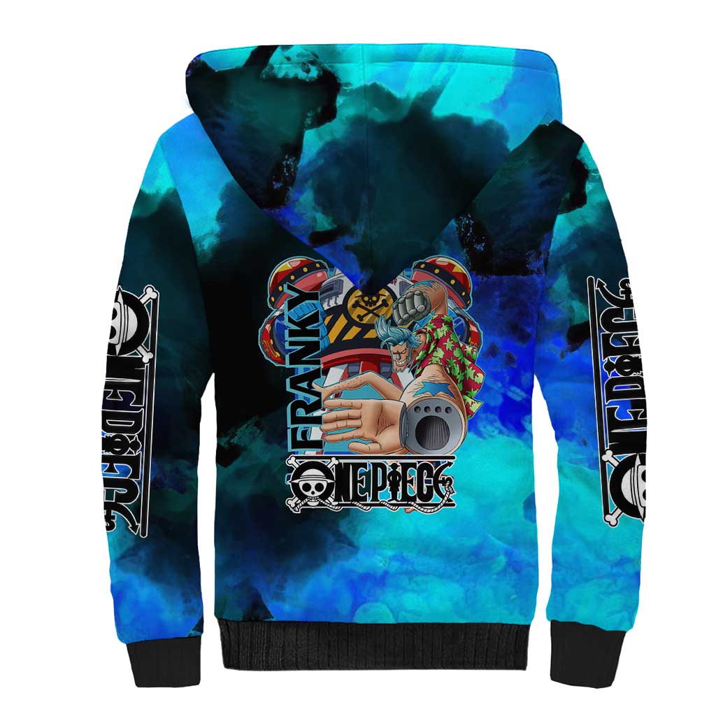 Franky One Piece Blue Theme Sherpa Hoodie with Cyborg Design and Shipwright Pose - The Mazicc