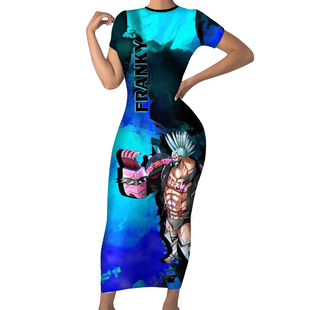 Franky One Piece Blue Theme Short Sleeve Bodycon Dress with Cyborg Design and Shipwright Pose - The Mazicc