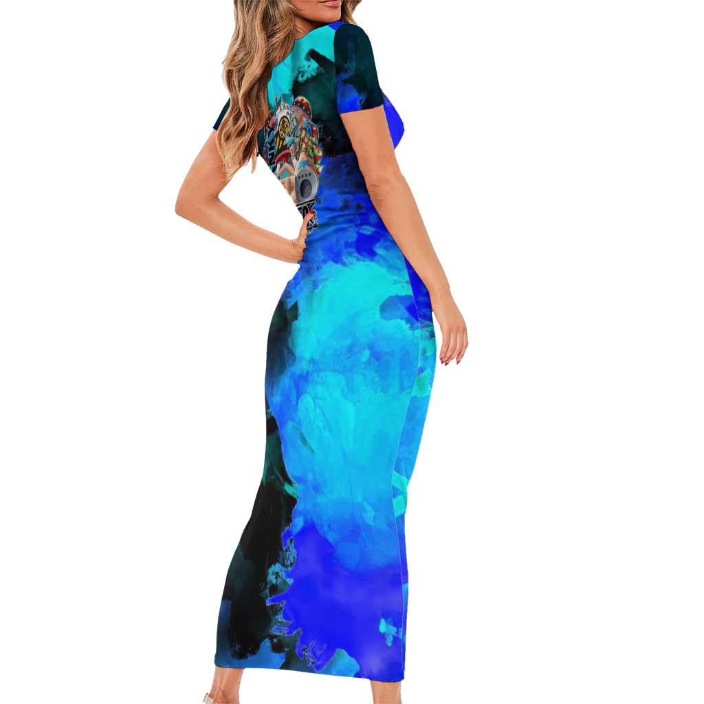 Franky One Piece Blue Theme Short Sleeve Bodycon Dress with Cyborg Design and Shipwright Pose - The Mazicc