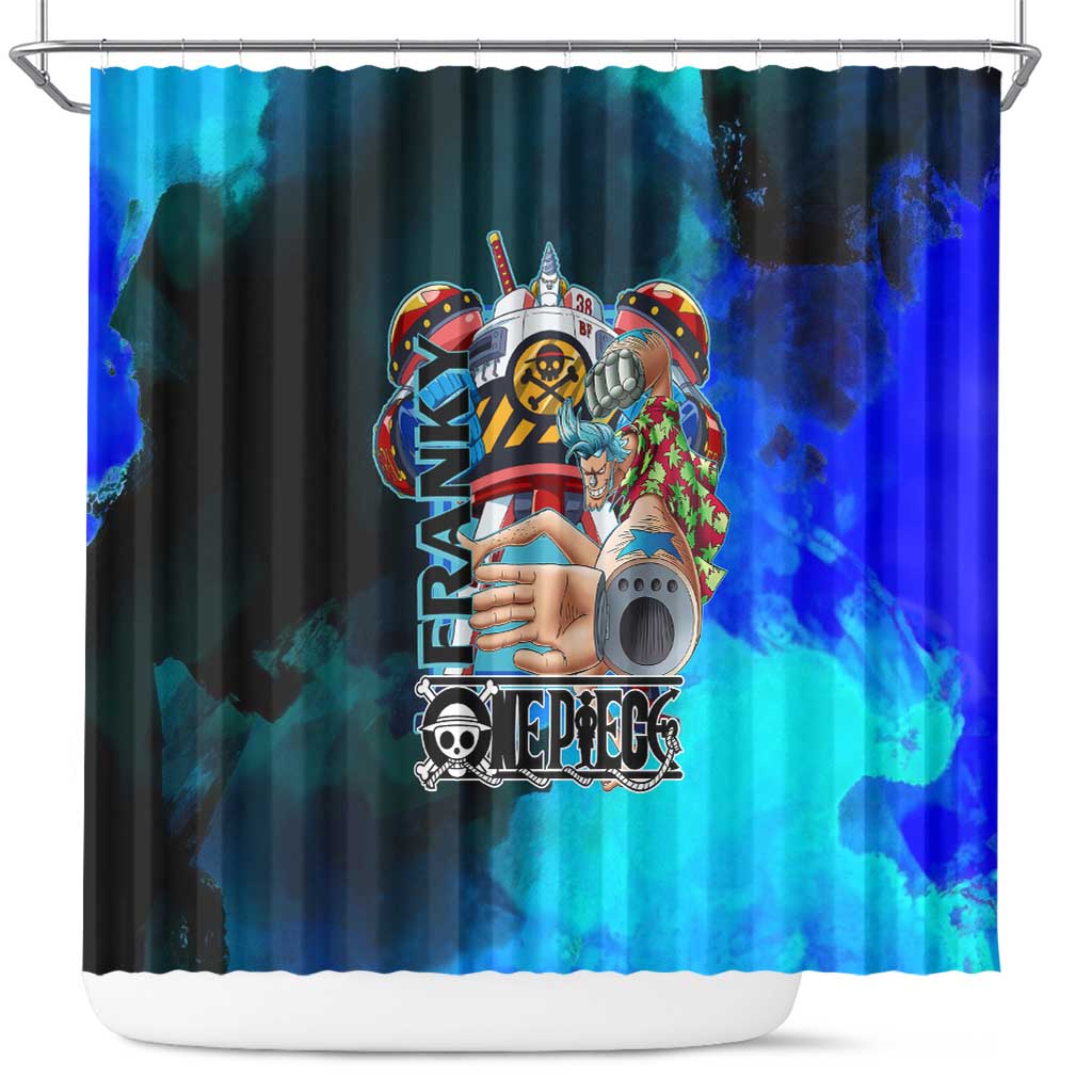 Franky One Piece Blue Theme Shower Curtain with Cyborg Design and Shipwright Pose - The Mazicc