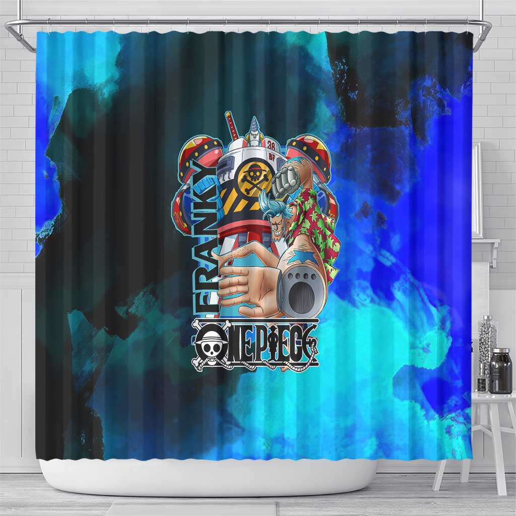 Franky One Piece Blue Theme Shower Curtain with Cyborg Design and Shipwright Pose - The Mazicc