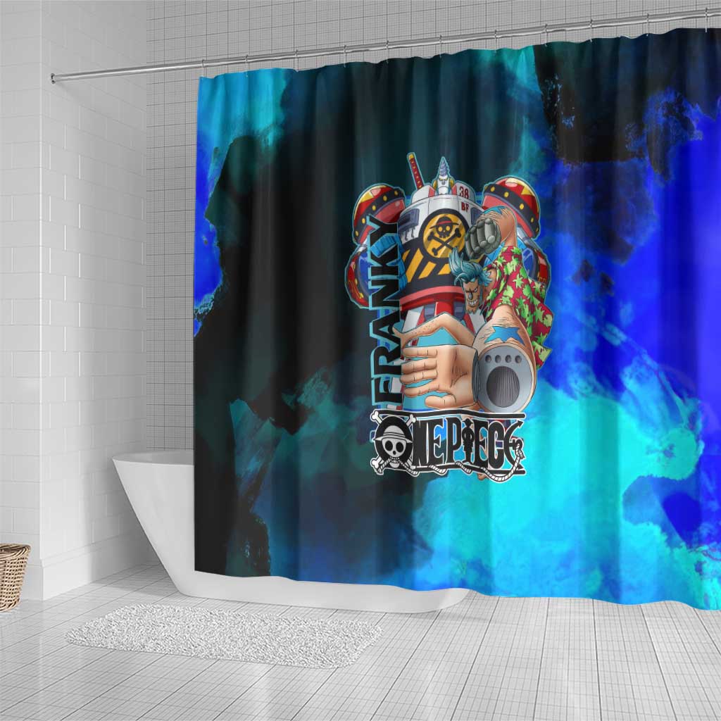 Franky One Piece Blue Theme Shower Curtain with Cyborg Design and Shipwright Pose - The Mazicc