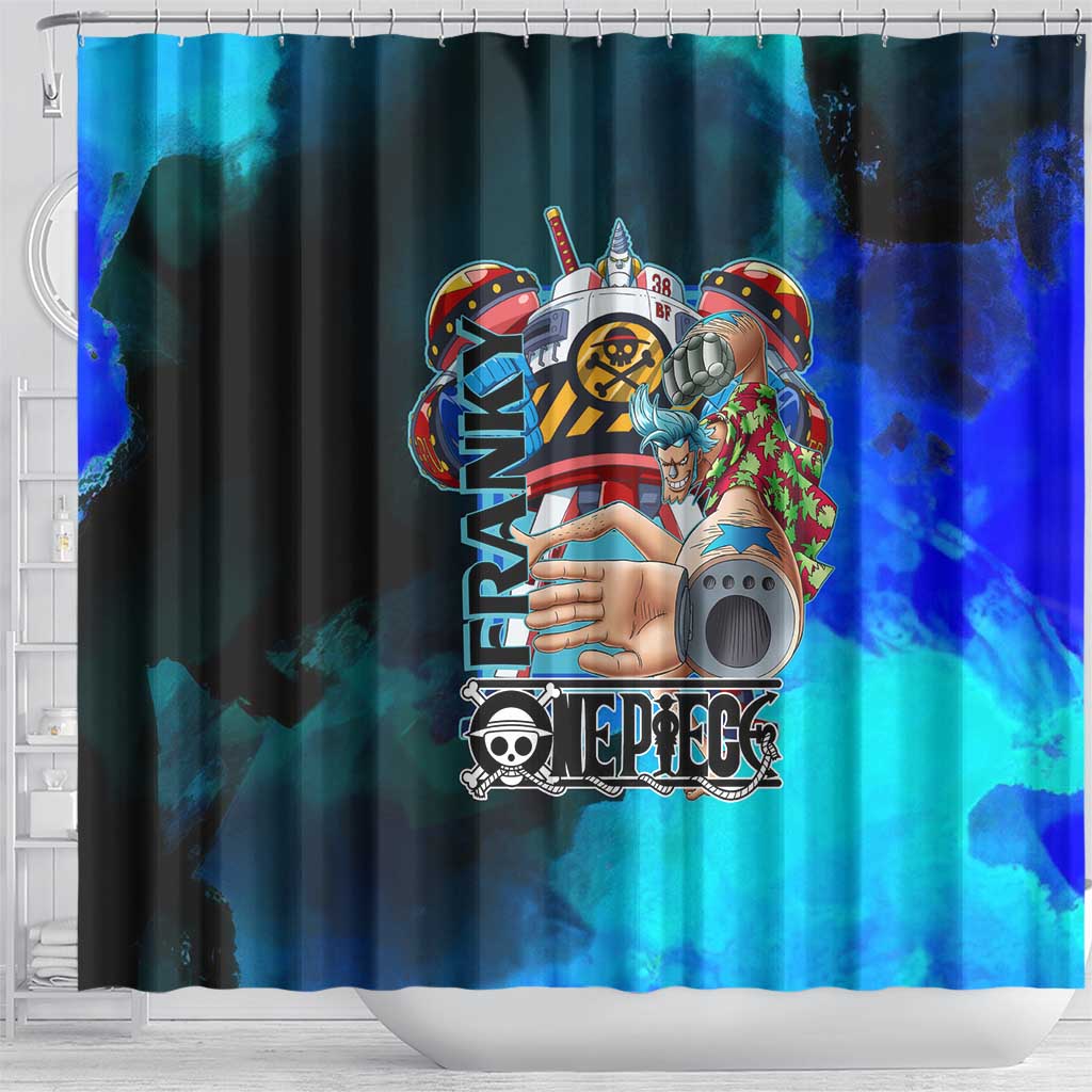 Franky One Piece Blue Theme Shower Curtain with Cyborg Design and Shipwright Pose - The Mazicc
