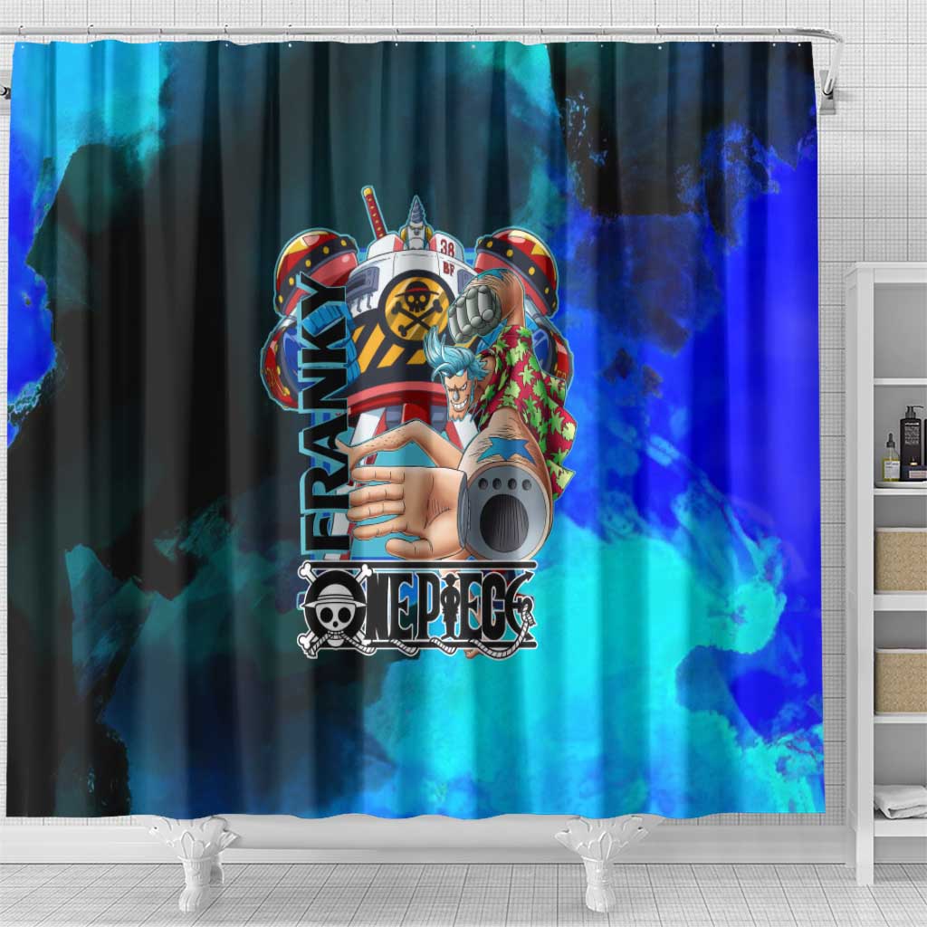 Franky One Piece Blue Theme Shower Curtain with Cyborg Design and Shipwright Pose - The Mazicc
