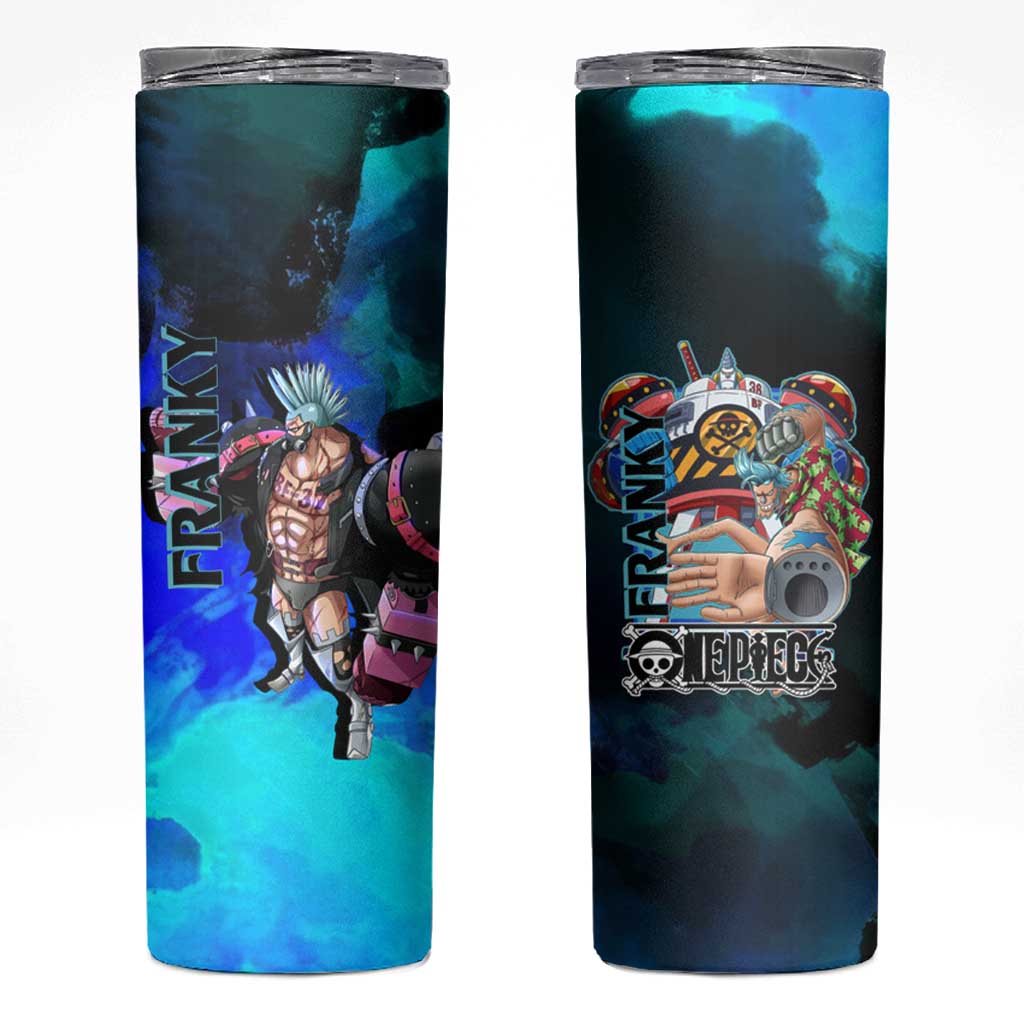 Franky One Piece Blue Theme Skinny Tumbler with Cyborg Design and Shipwright Pose - The Mazicc