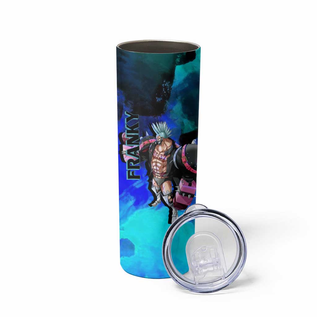 Franky One Piece Blue Theme Skinny Tumbler with Cyborg Design and Shipwright Pose - The Mazicc