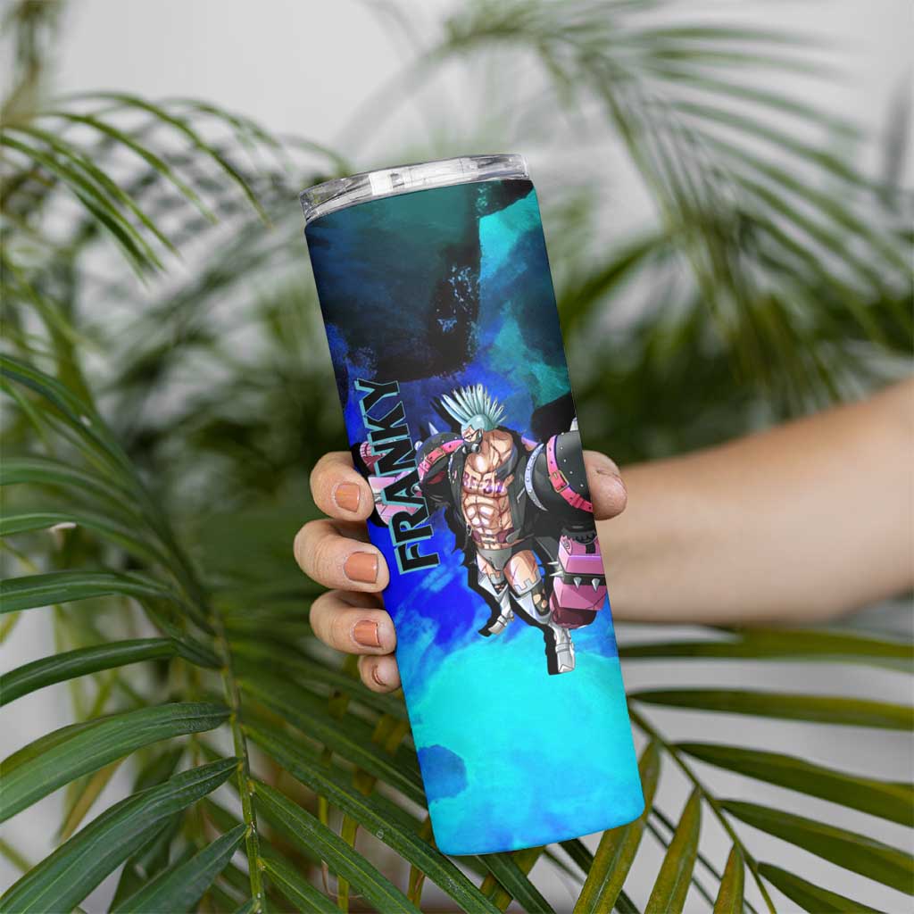 Franky One Piece Blue Theme Skinny Tumbler with Cyborg Design and Shipwright Pose - The Mazicc