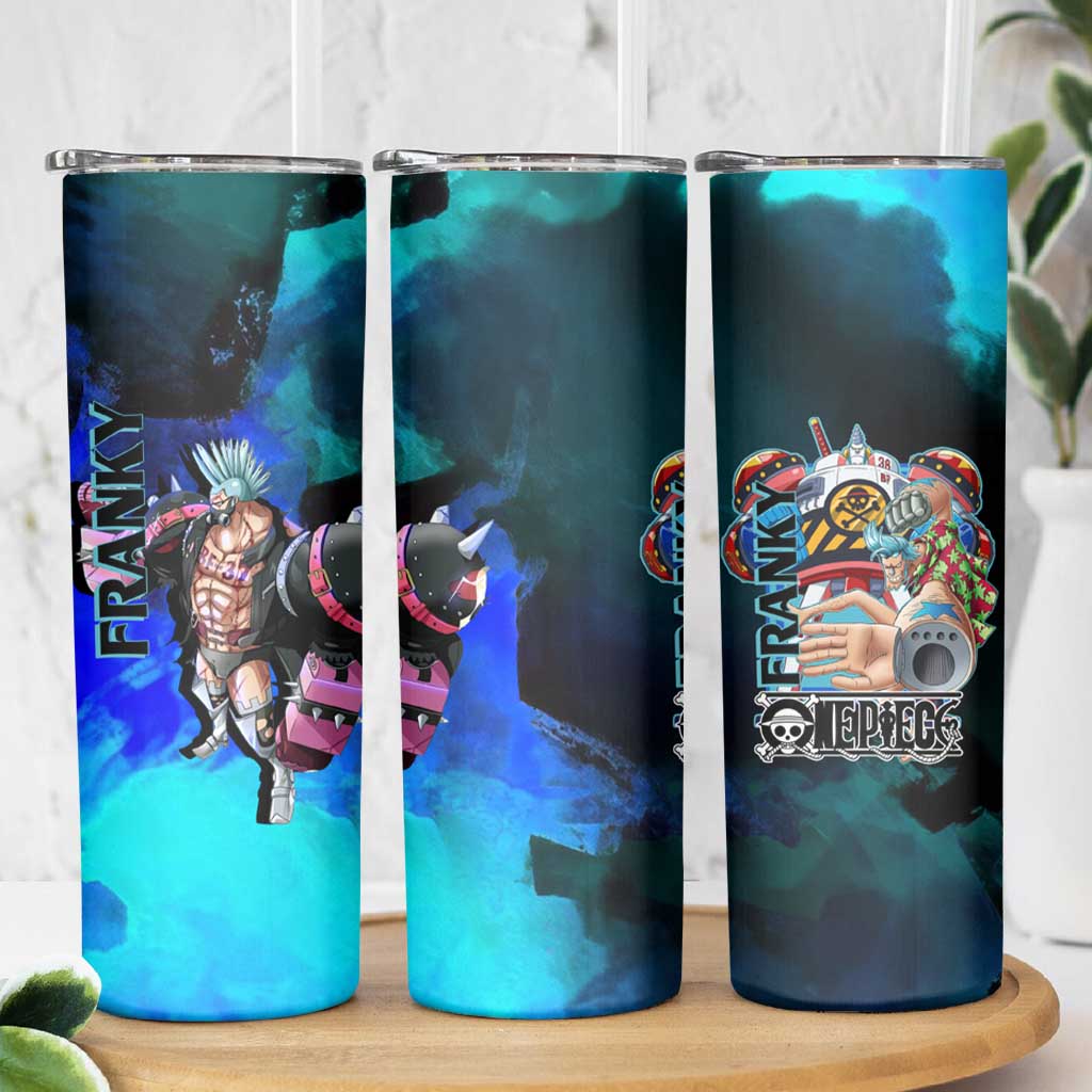 Franky One Piece Blue Theme Skinny Tumbler with Cyborg Design and Shipwright Pose - The Mazicc