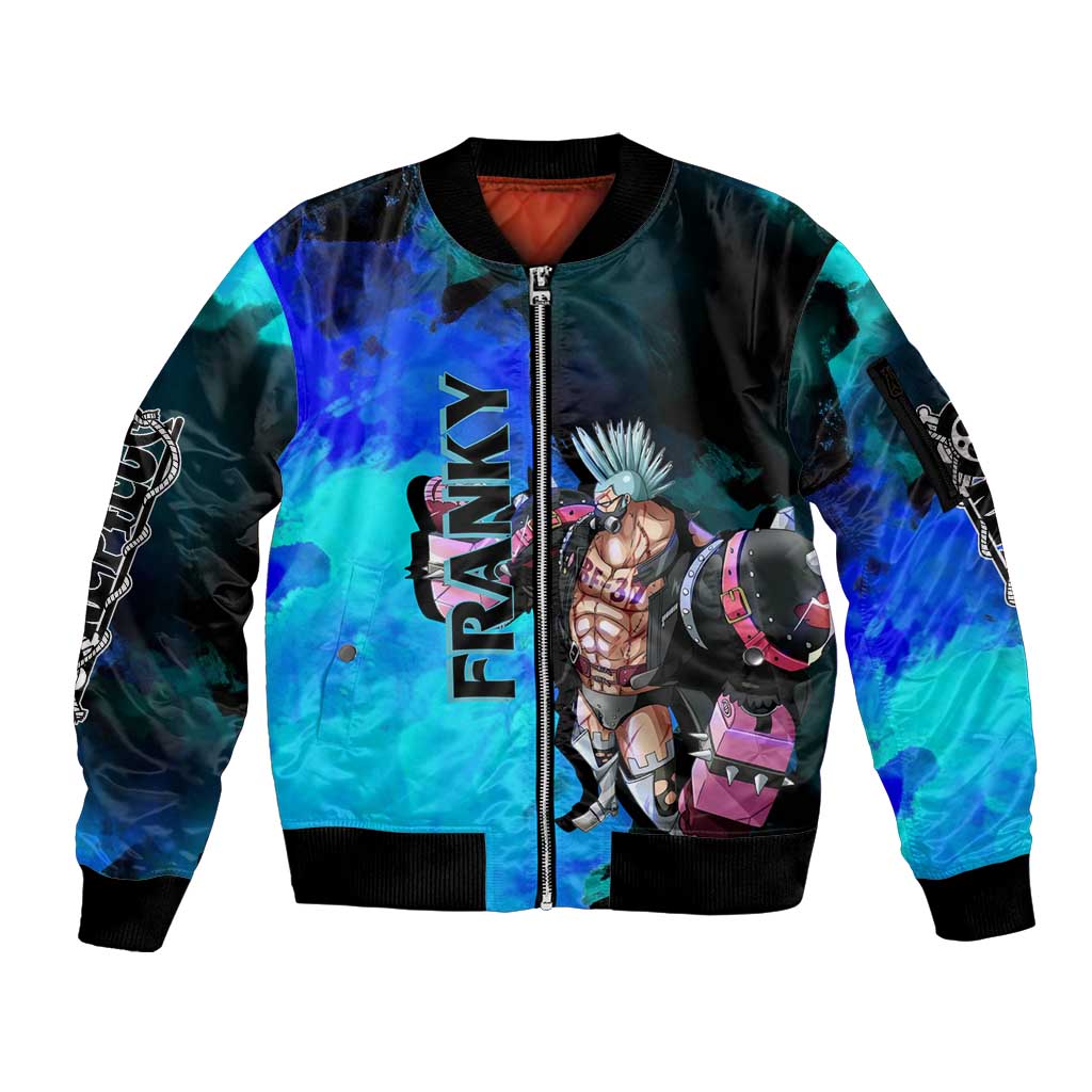 Franky One Piece Blue Theme Sleeve Zip Bomber Jacket with Cyborg Design and Shipwright Pose - The Mazicc