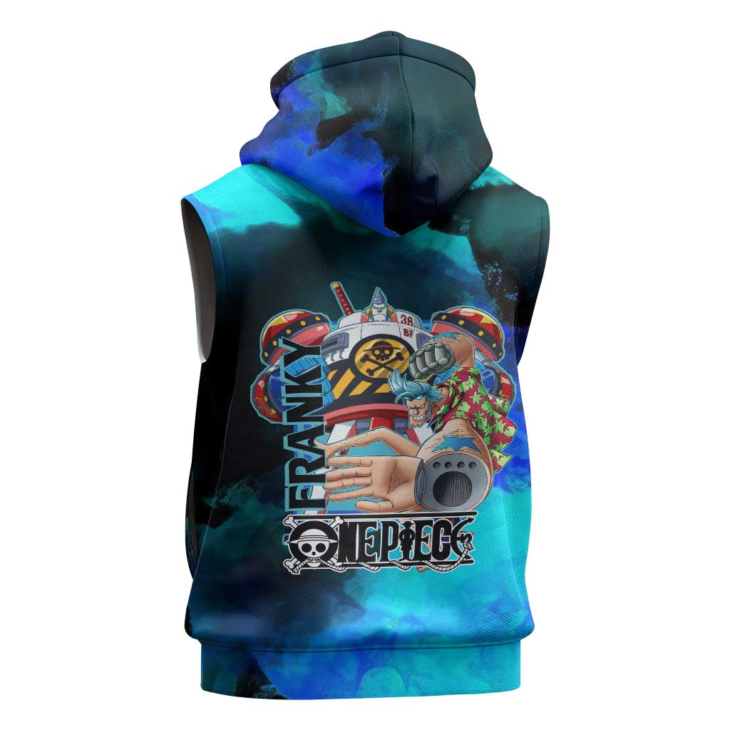 Franky One Piece Blue Theme Sleeveless Hoodie with Cyborg Design and Shipwright Pose - The Mazicc