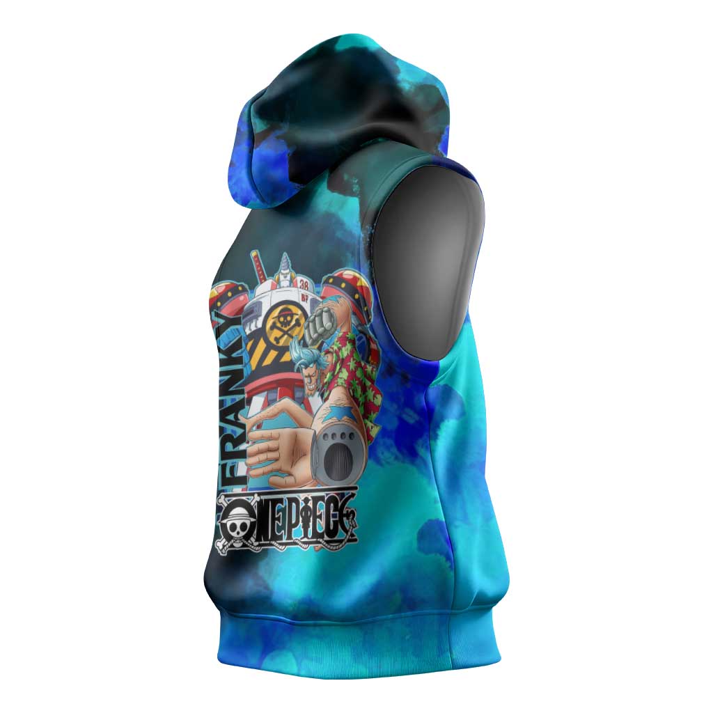 Franky One Piece Blue Theme Sleeveless Hoodie with Cyborg Design and Shipwright Pose - The Mazicc