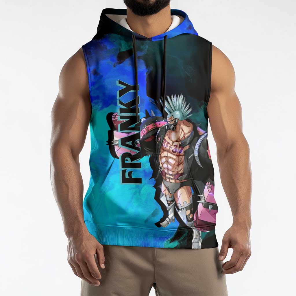 Franky One Piece Blue Theme Sleeveless Hoodie with Cyborg Design and Shipwright Pose - The Mazicc