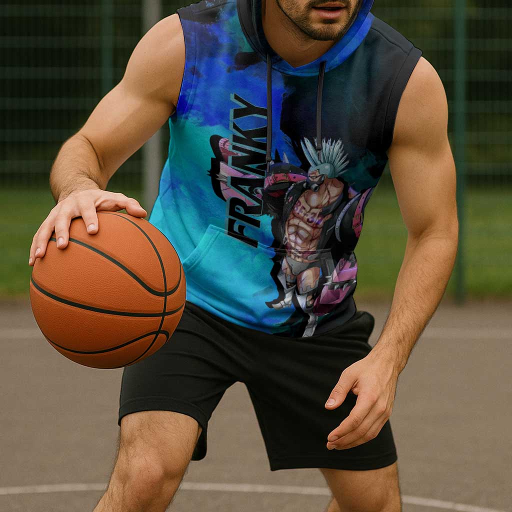 Franky One Piece Blue Theme Sleeveless Hoodie with Cyborg Design and Shipwright Pose - The Mazicc