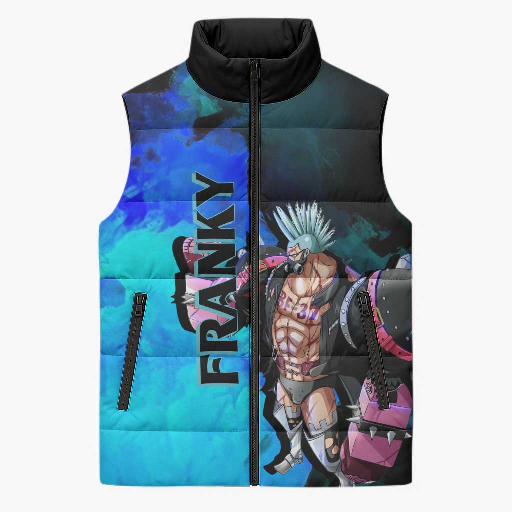 Franky One Piece Blue Theme Sleeveless Puffer Jacket with Cyborg Design and Shipwright Pose - The Mazicc