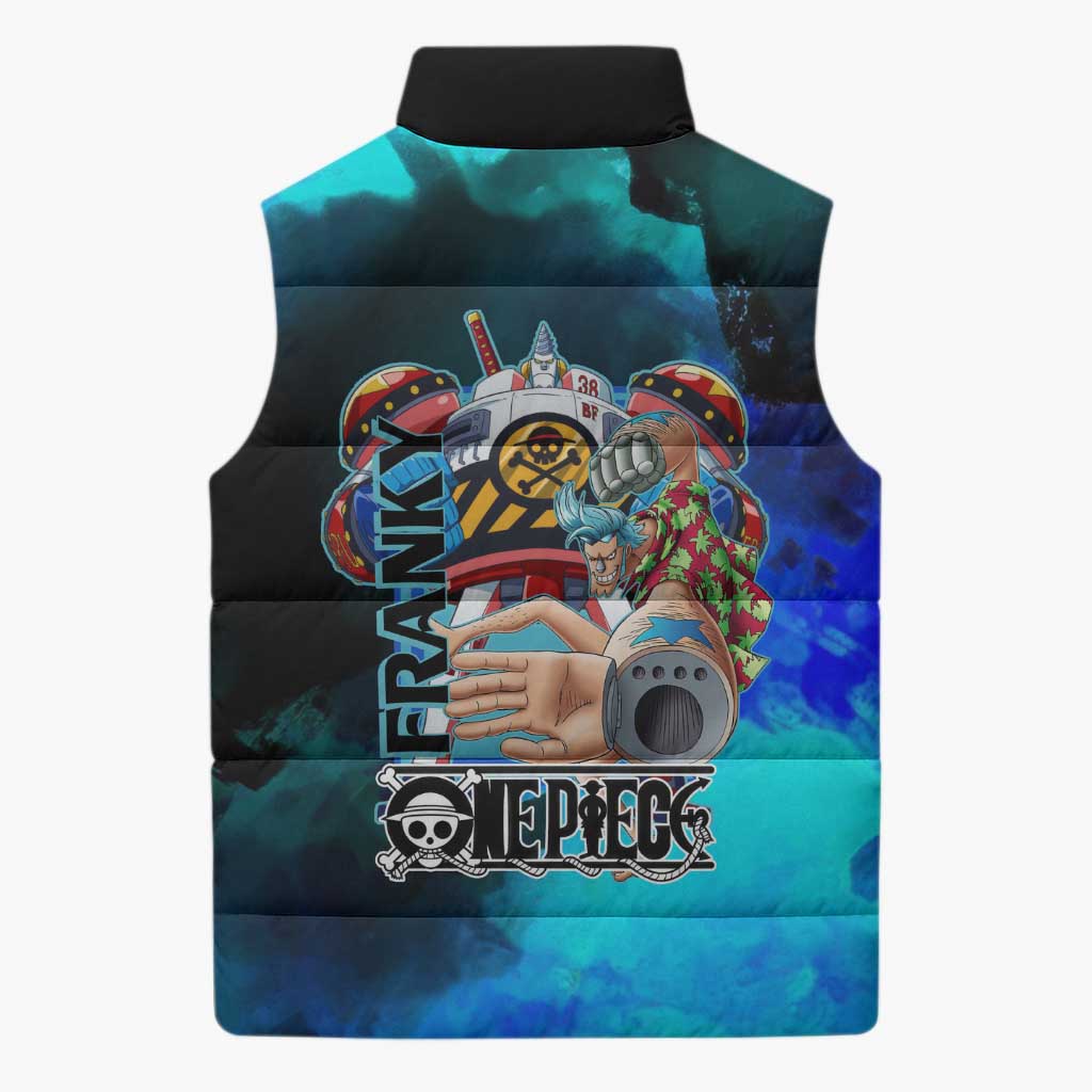 Franky One Piece Blue Theme Sleeveless Puffer Jacket with Cyborg Design and Shipwright Pose - The Mazicc
