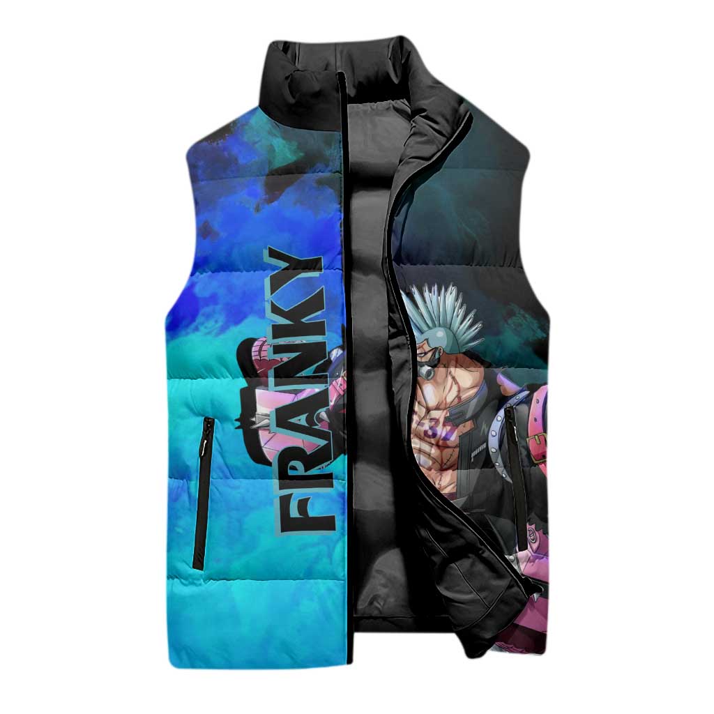 Franky One Piece Blue Theme Sleeveless Puffer Jacket with Cyborg Design and Shipwright Pose - The Mazicc