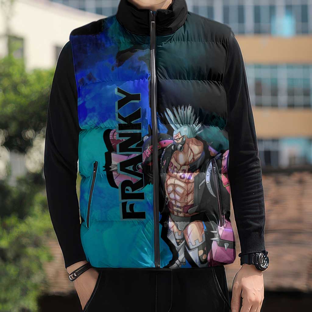 Franky One Piece Blue Theme Sleeveless Puffer Jacket with Cyborg Design and Shipwright Pose - The Mazicc