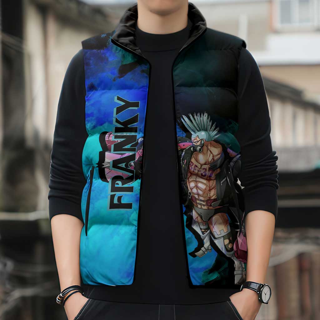 Franky One Piece Blue Theme Sleeveless Puffer Jacket with Cyborg Design and Shipwright Pose - The Mazicc