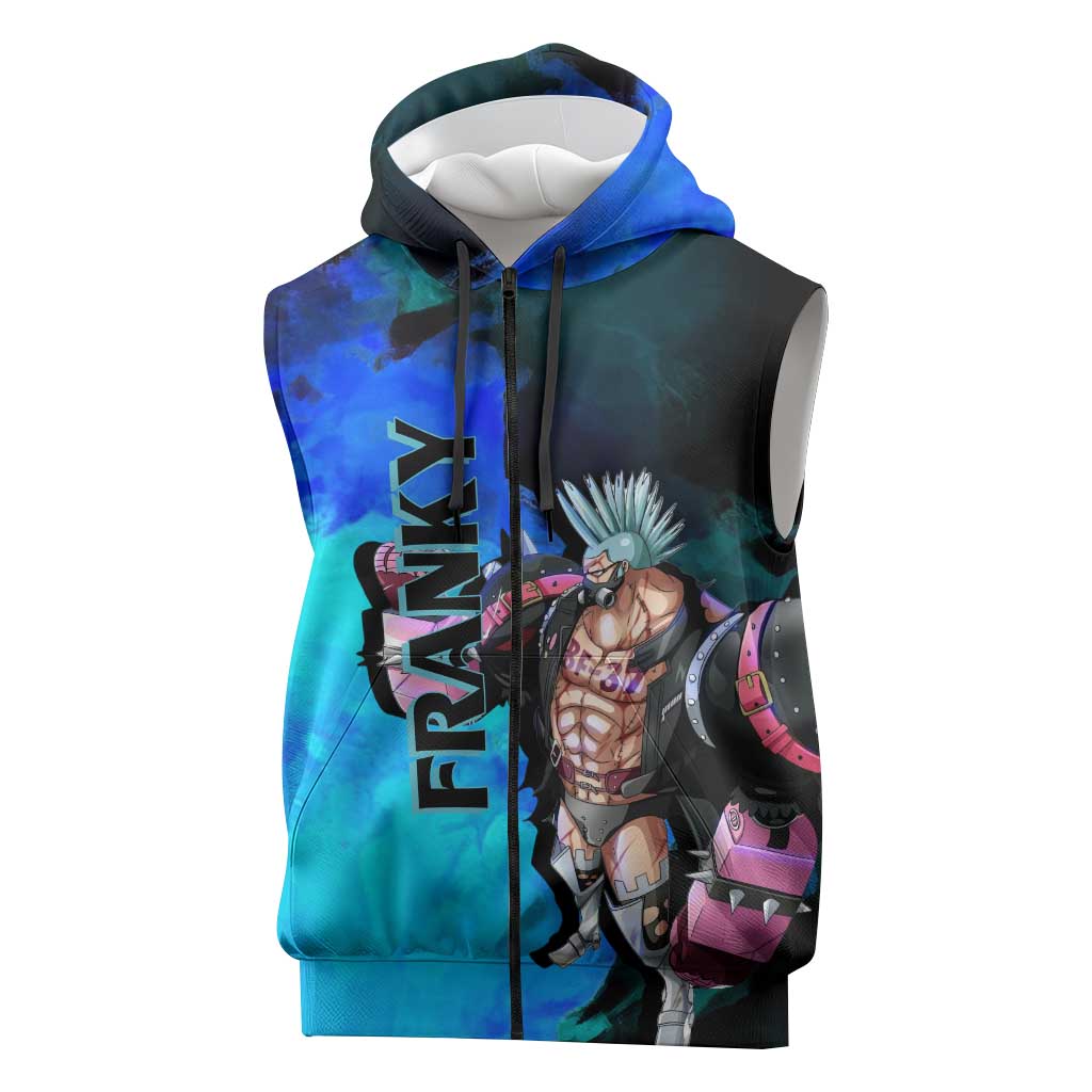 Franky One Piece Blue Theme Sleeveless Zip Hoodie with Cyborg Design and Shipwright Pose - The Mazicc