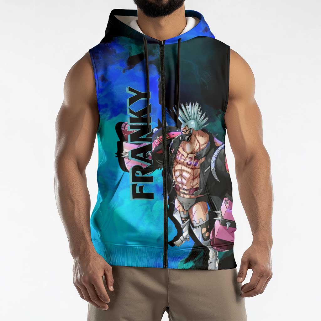 Franky One Piece Blue Theme Sleeveless Zip Hoodie with Cyborg Design and Shipwright Pose - The Mazicc