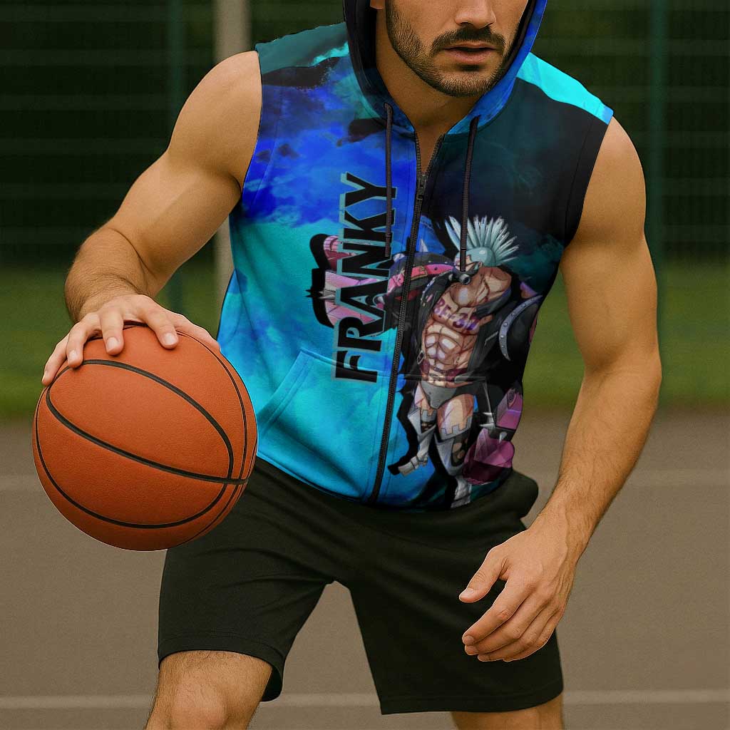 Franky One Piece Blue Theme Sleeveless Zip Hoodie with Cyborg Design and Shipwright Pose - The Mazicc