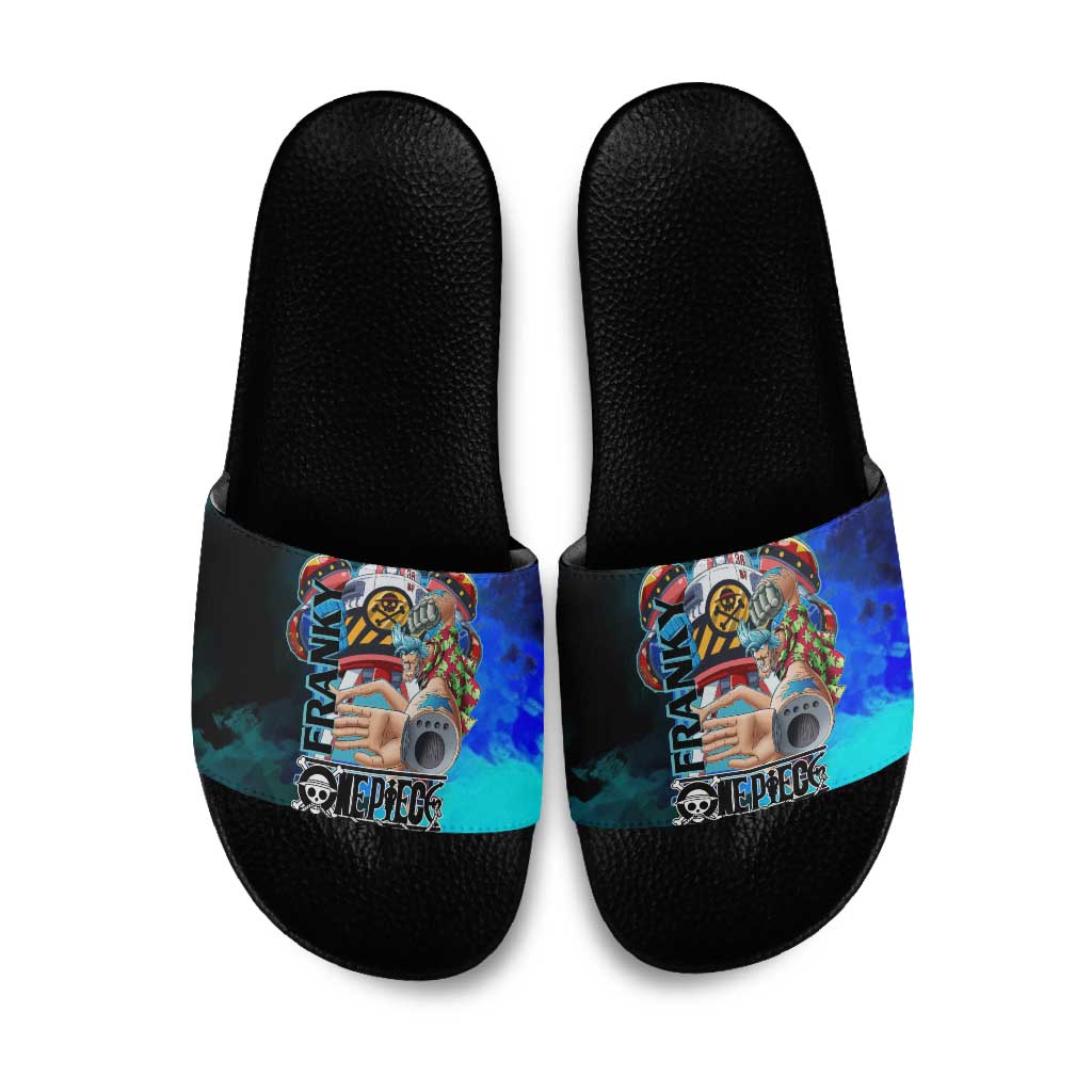 Franky One Piece Blue Theme Slide Sandals with Cyborg Design and Shipwright Pose - The Mazicc