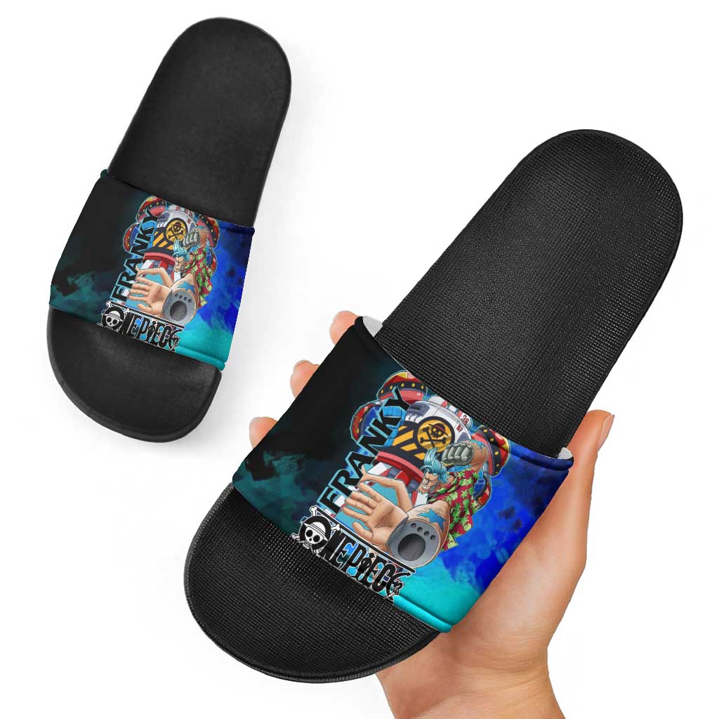 Franky One Piece Blue Theme Slide Sandals with Cyborg Design and Shipwright Pose - The Mazicc
