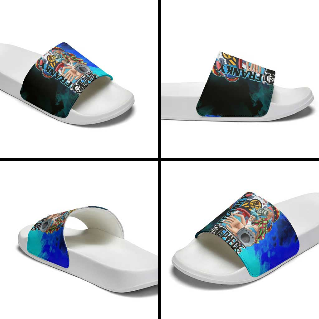 Franky One Piece Blue Theme Slide Sandals with Cyborg Design and Shipwright Pose - The Mazicc