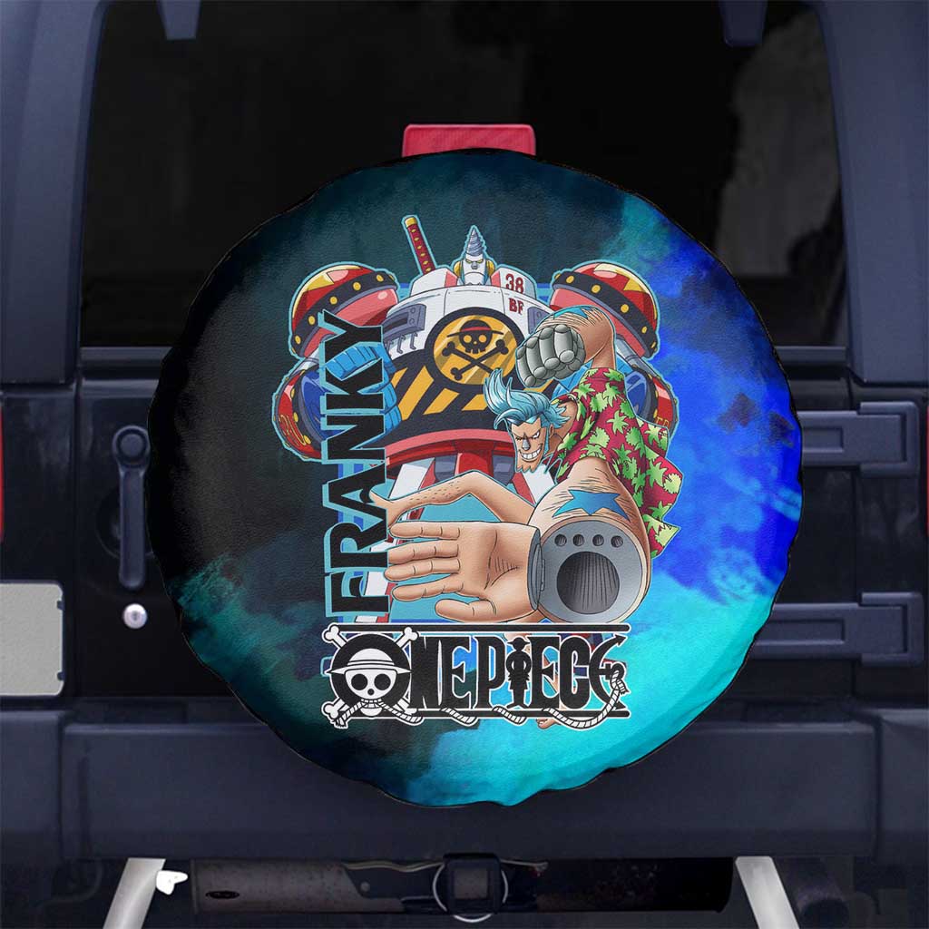 Franky One Piece Blue Theme Spare Tire Cover with Cyborg Design and Shipwright Pose - The Mazicc