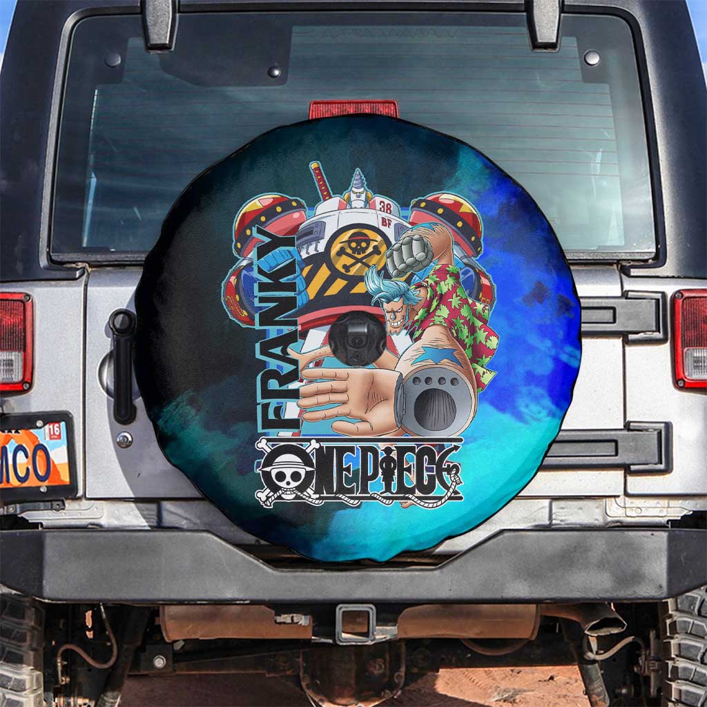Franky One Piece Blue Theme Spare Tire Cover with Cyborg Design and Shipwright Pose - The Mazicc