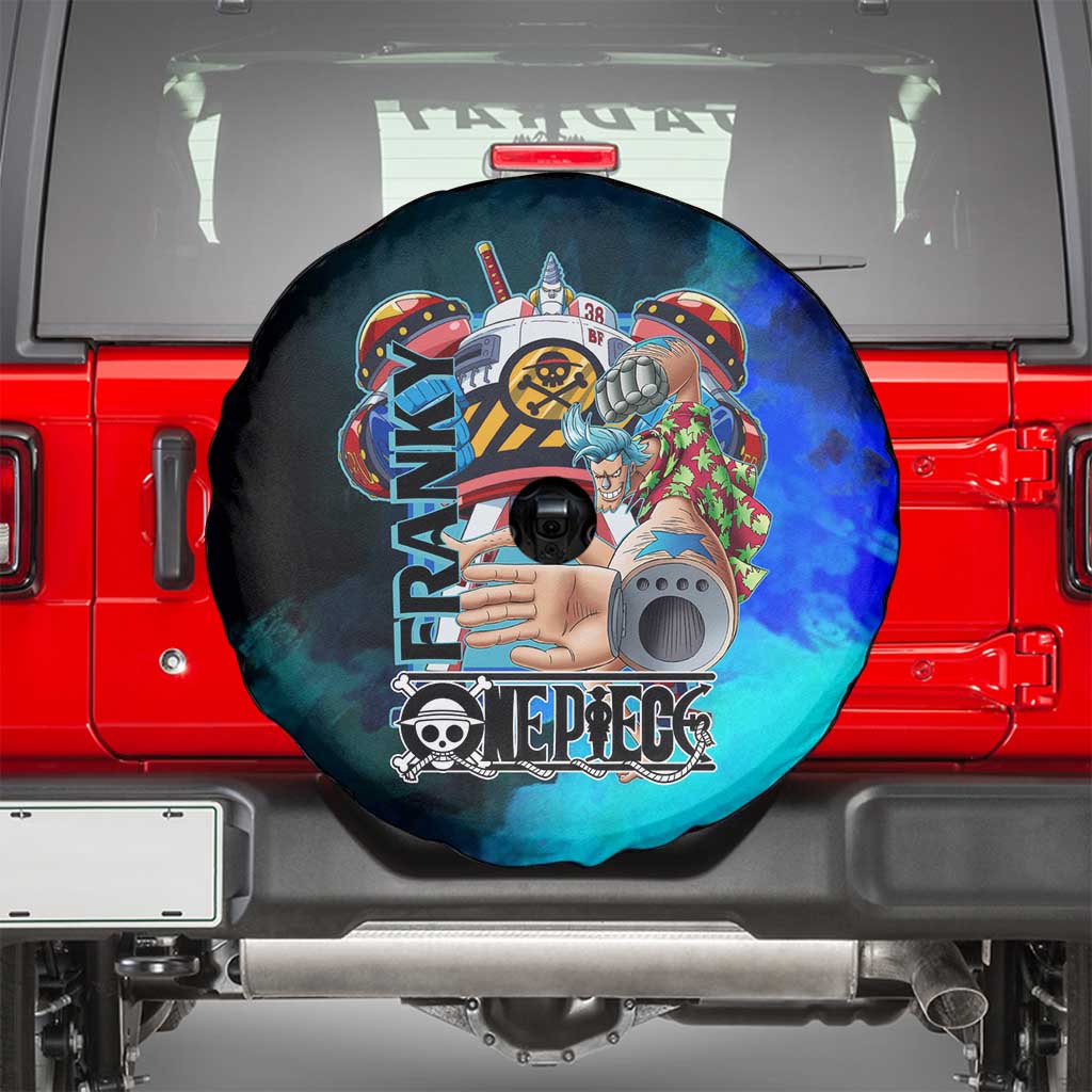 Franky One Piece Blue Theme Spare Tire Cover with Cyborg Design and Shipwright Pose - The Mazicc
