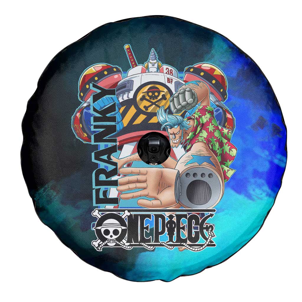 Franky One Piece Blue Theme Spare Tire Cover with Cyborg Design and Shipwright Pose - The Mazicc