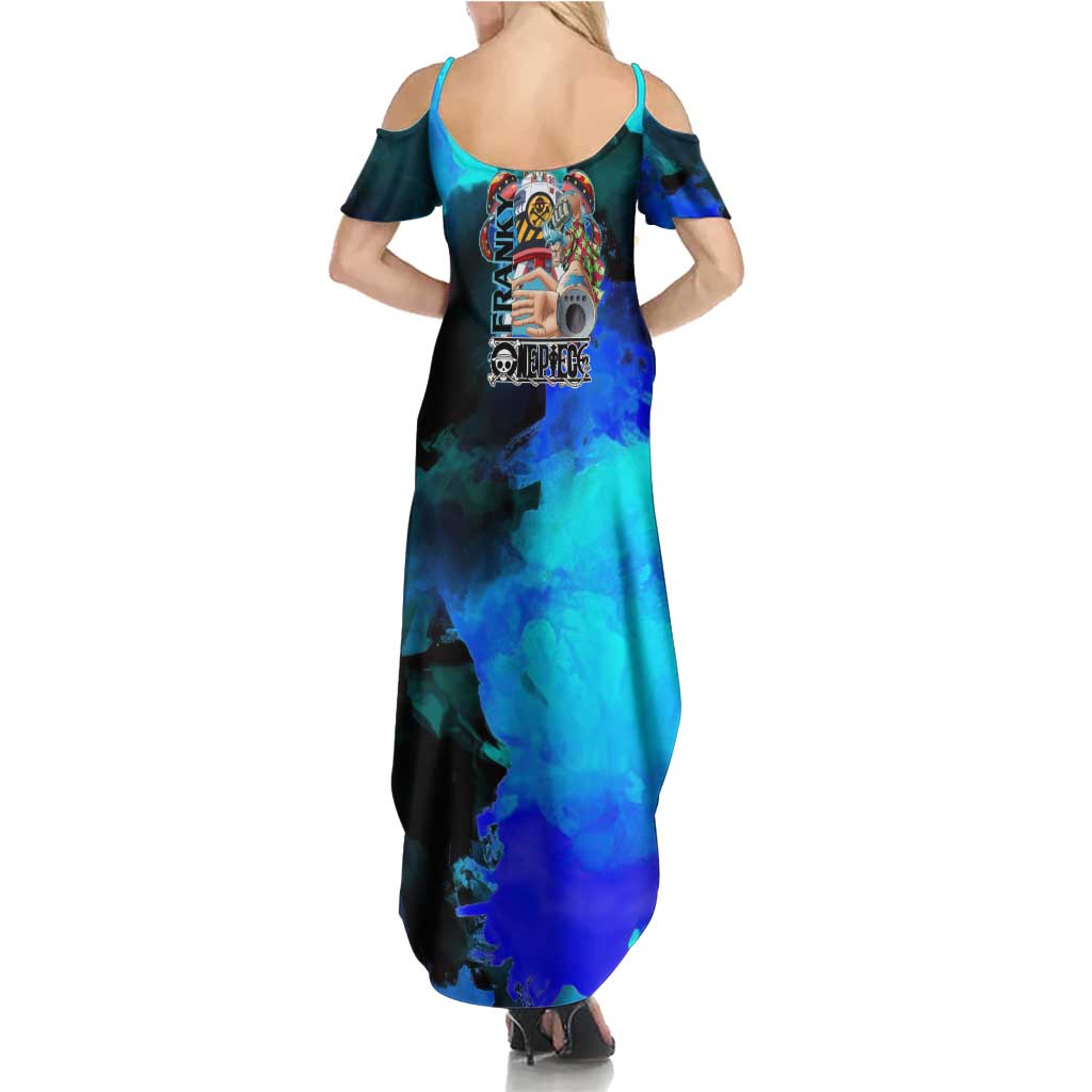 Franky One Piece Blue Theme Summer Maxi Dress with Cyborg Design and Shipwright Pose - The Mazicc