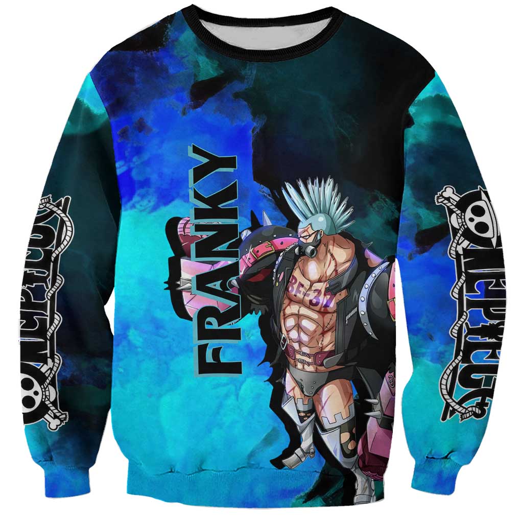 Franky One Piece Blue Theme Sweatshirt with Cyborg Design and Shipwright Pose - The Mazicc