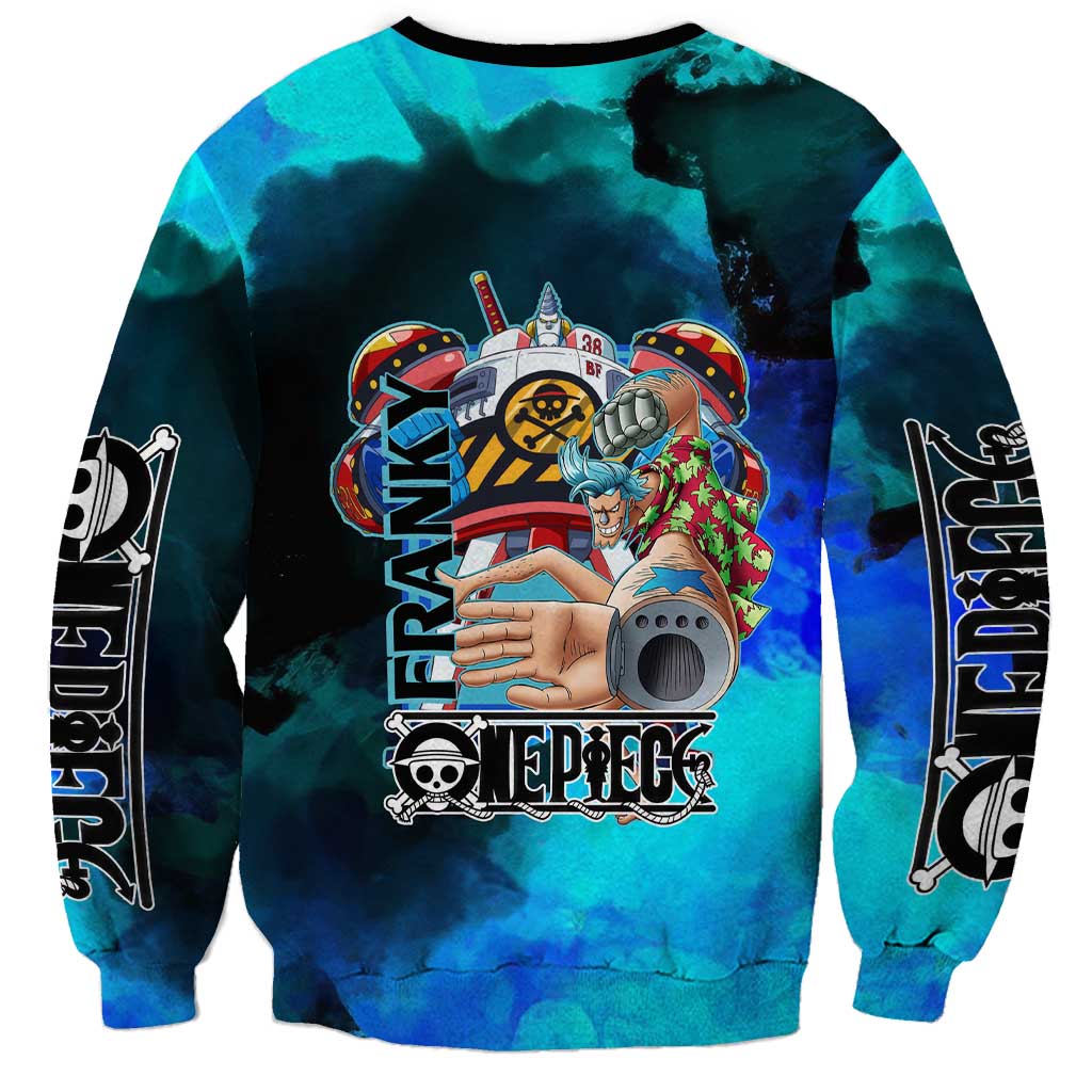 Franky One Piece Blue Theme Sweatshirt with Cyborg Design and Shipwright Pose - The Mazicc