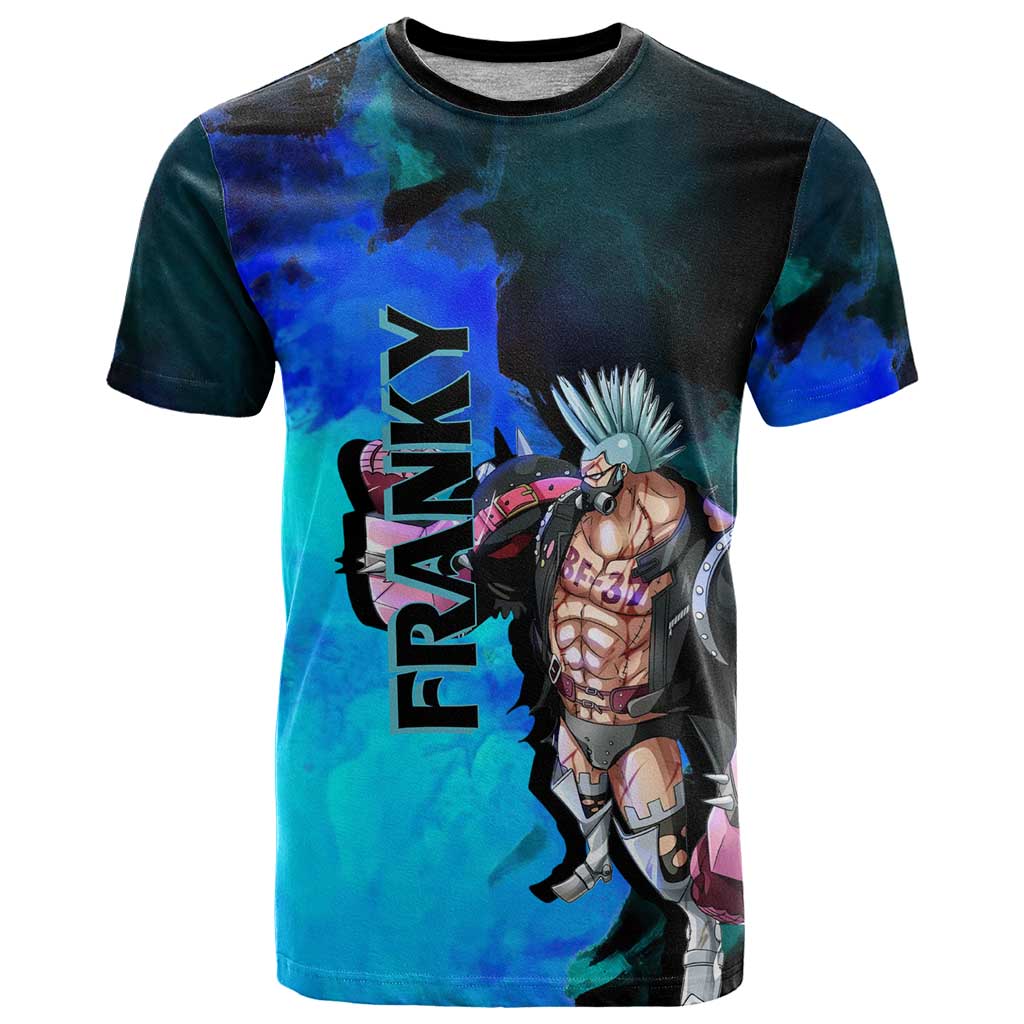 Franky One Piece Blue Theme T Shirt with Cyborg Design and Shipwright Pose - The Mazicc