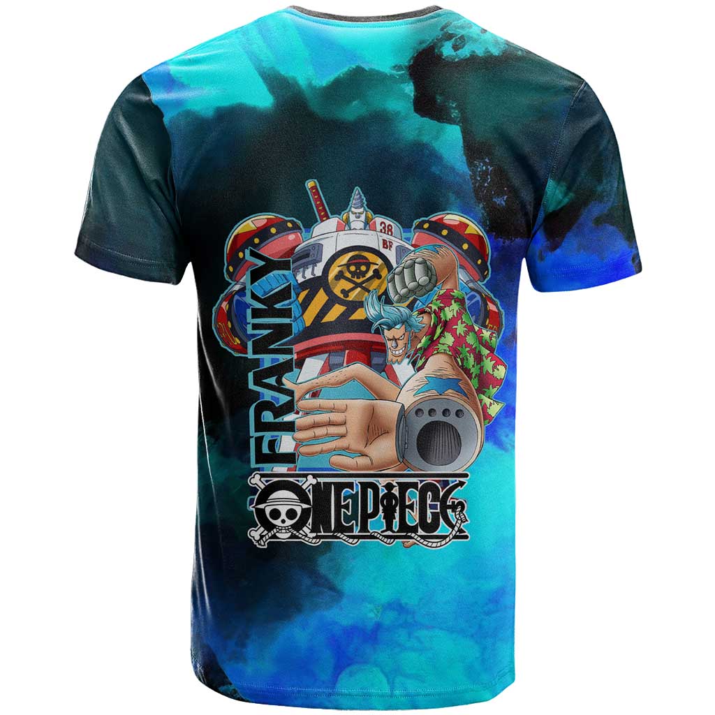 Franky One Piece Blue Theme T Shirt with Cyborg Design and Shipwright Pose - The Mazicc