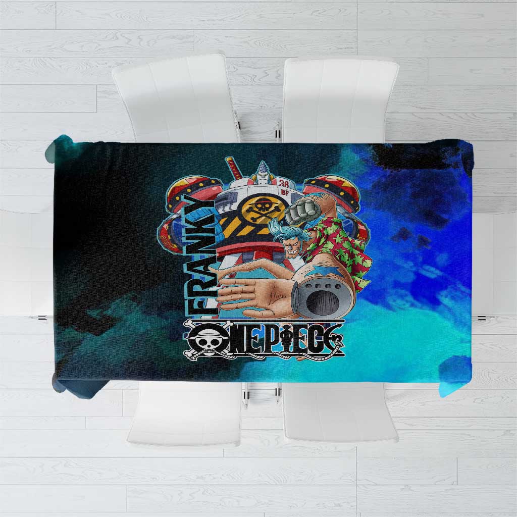 Franky One Piece Blue Theme Tablecloth with Cyborg Design and Shipwright Pose - The Mazicc