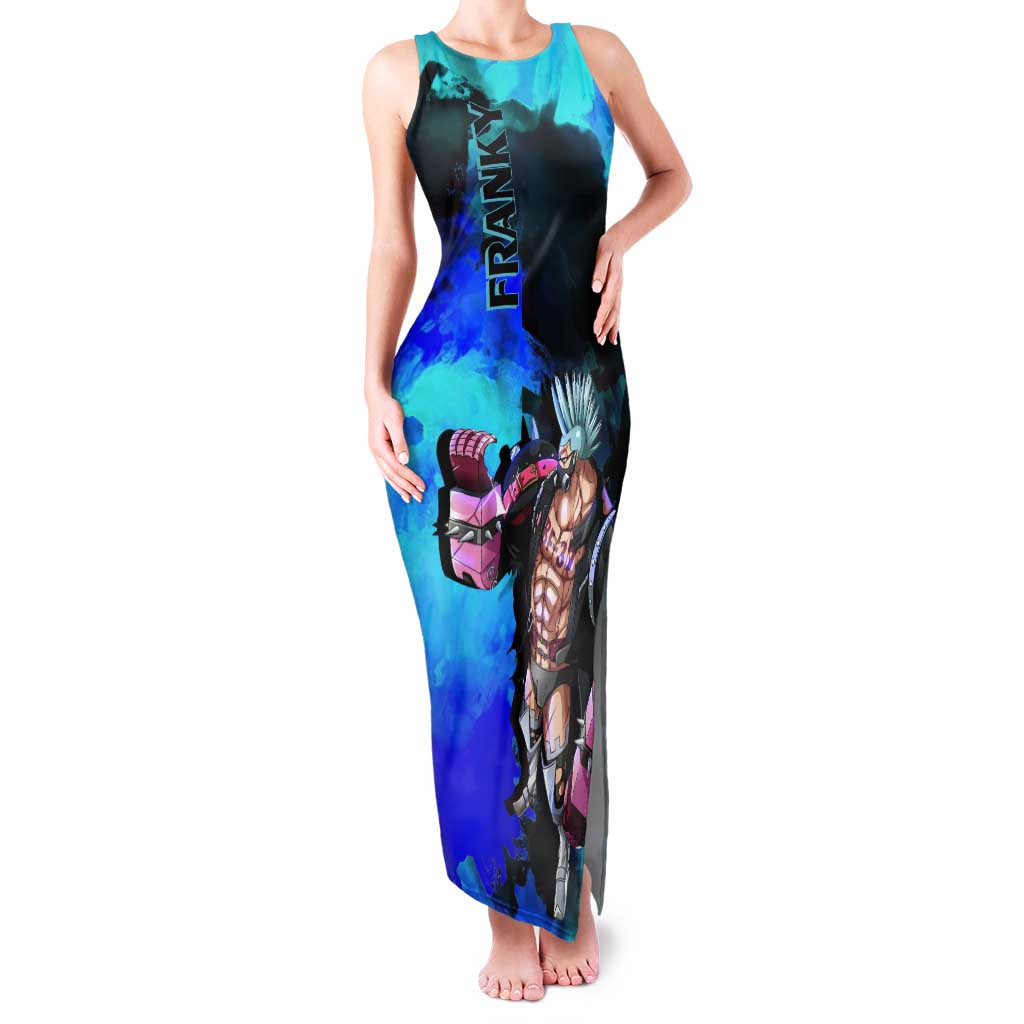 Franky One Piece Blue Theme Tank Maxi Dress with Cyborg Design and Shipwright Pose - The Mazicc