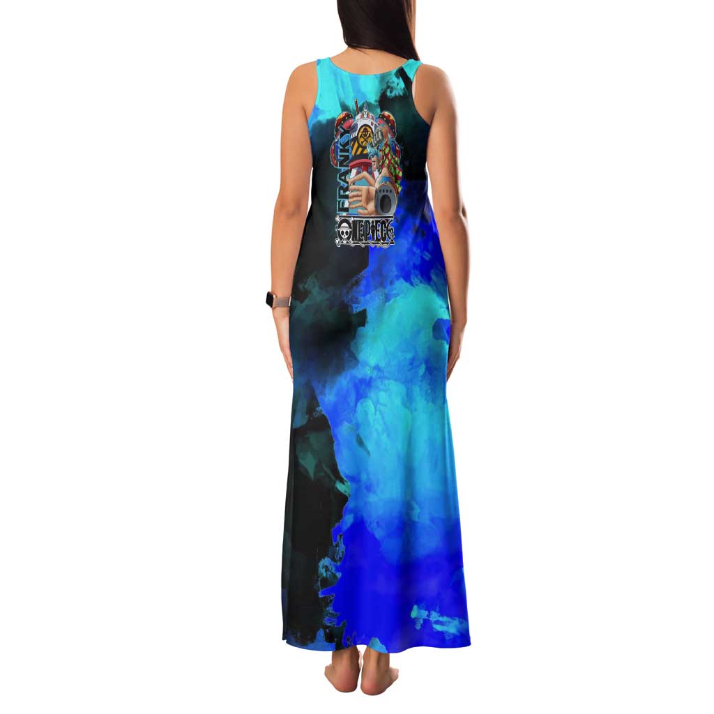 Franky One Piece Blue Theme Tank Maxi Dress with Cyborg Design and Shipwright Pose - The Mazicc