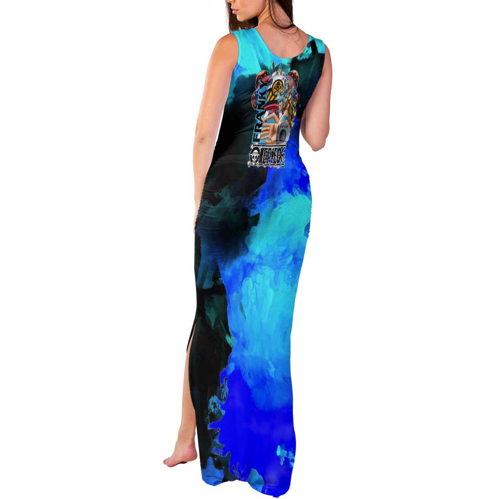 Franky One Piece Blue Theme Tank Maxi Dress with Cyborg Design and Shipwright Pose - The Mazicc
