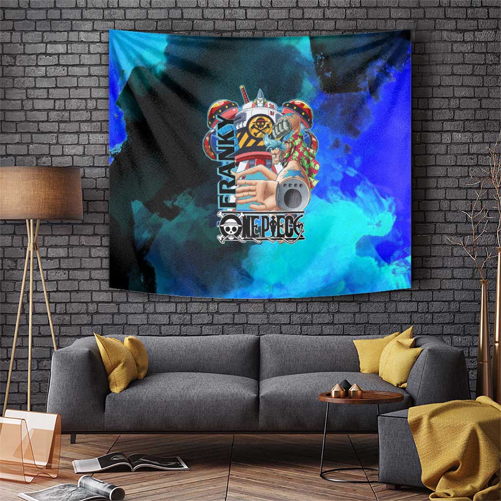 Franky One Piece Blue Theme Tapestry with Cyborg Design and Shipwright Pose - The Mazicc