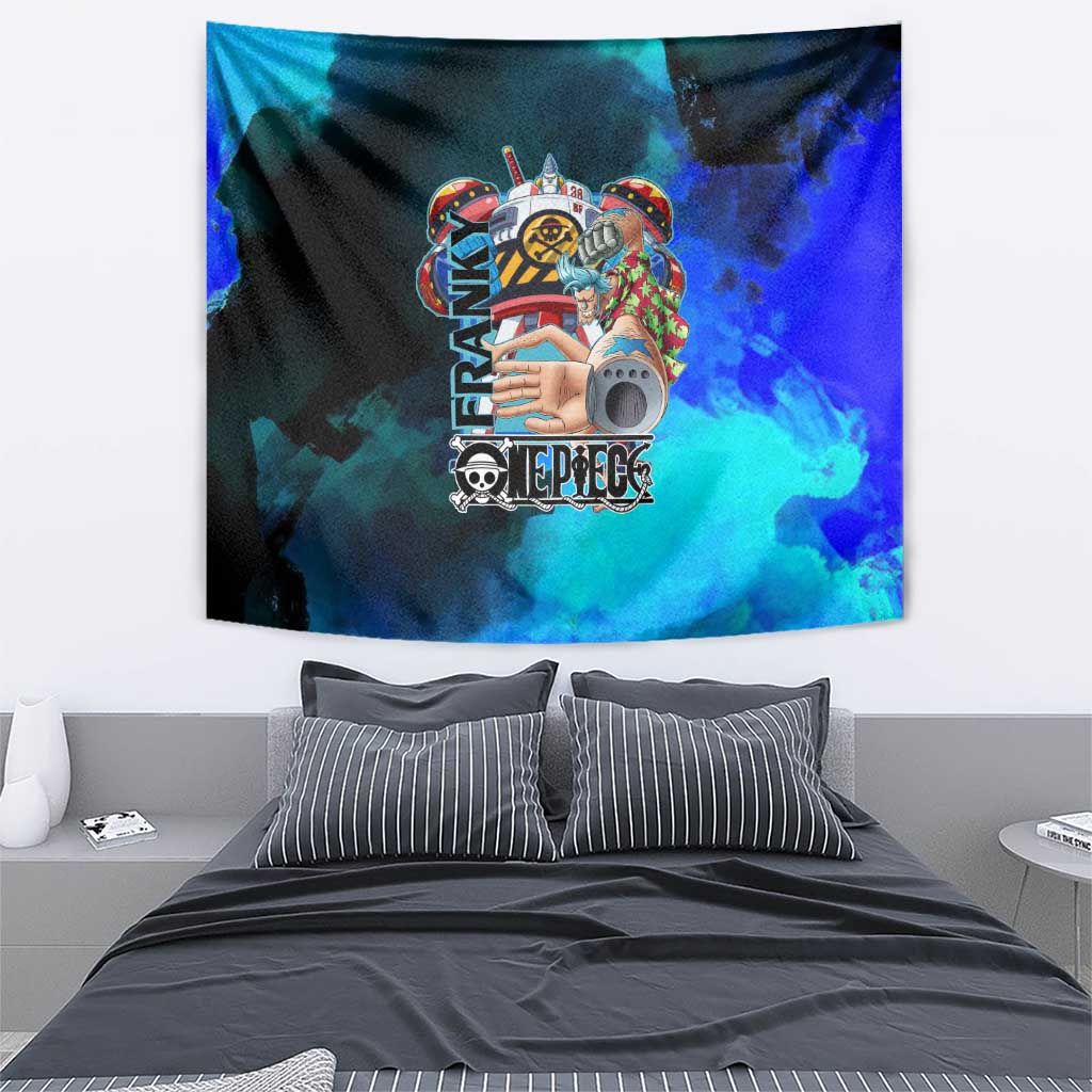 Franky One Piece Blue Theme Tapestry with Cyborg Design and Shipwright Pose - The Mazicc