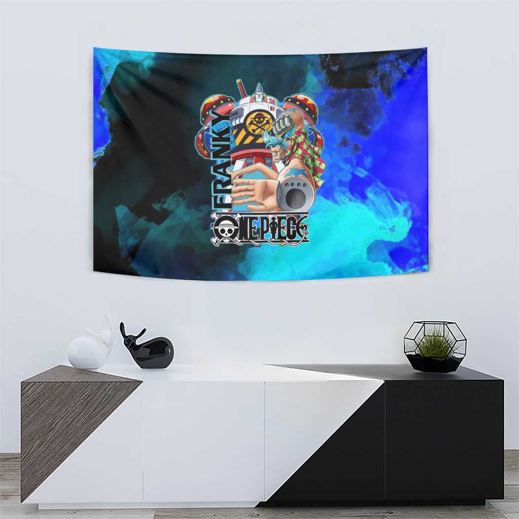 Franky One Piece Blue Theme Tapestry with Cyborg Design and Shipwright Pose - The Mazicc