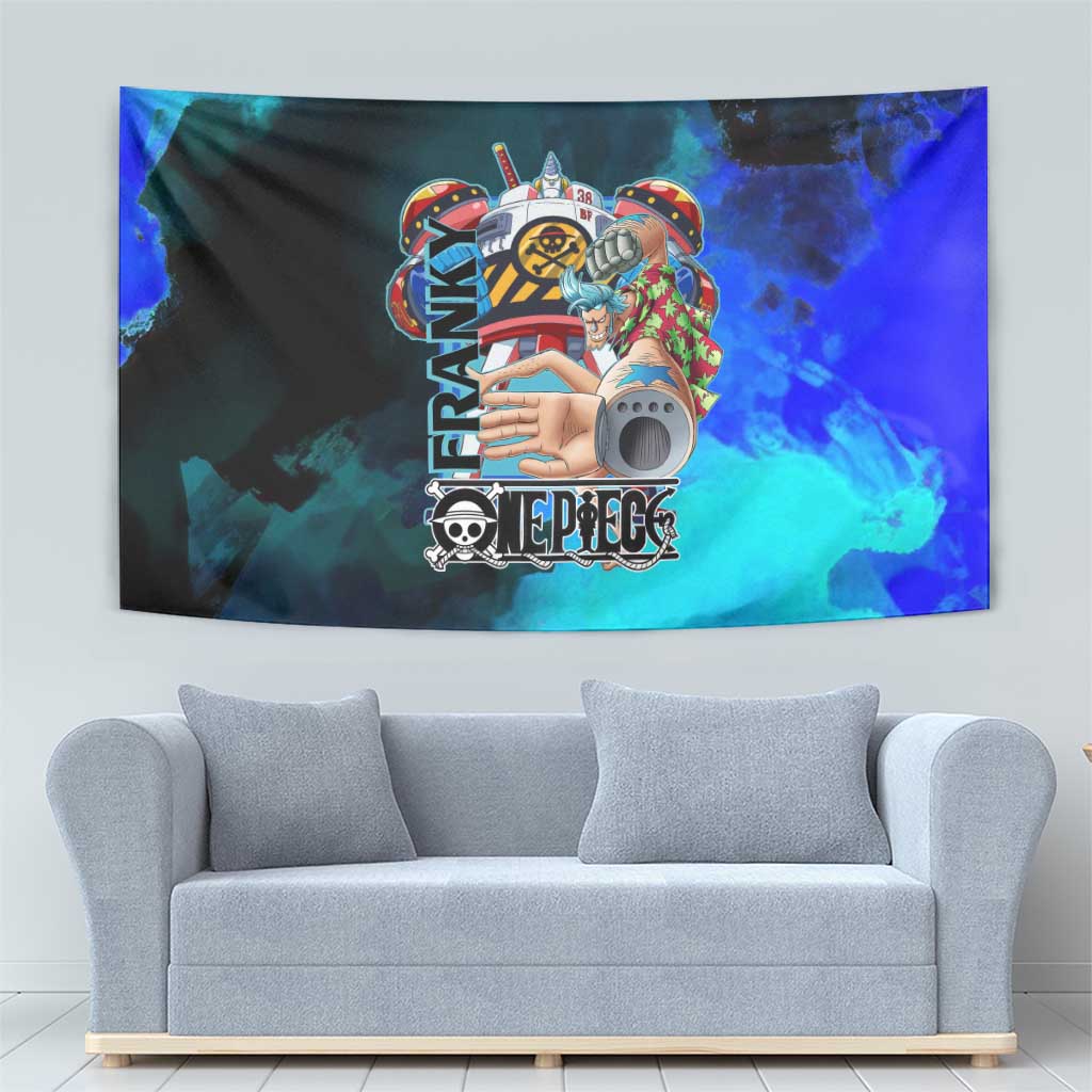Franky One Piece Blue Theme Tapestry with Cyborg Design and Shipwright Pose - The Mazicc