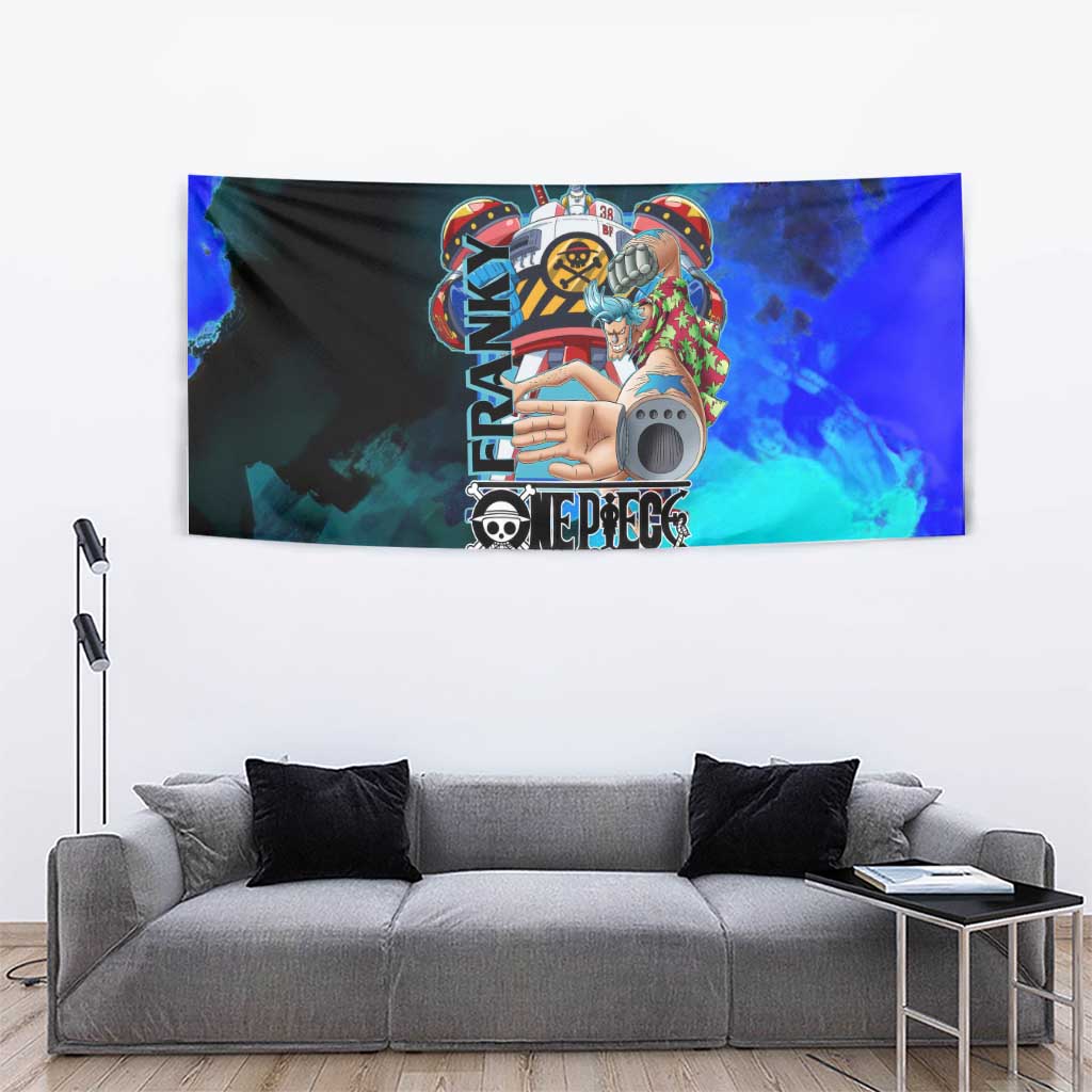Franky One Piece Blue Theme Tapestry with Cyborg Design and Shipwright Pose - The Mazicc