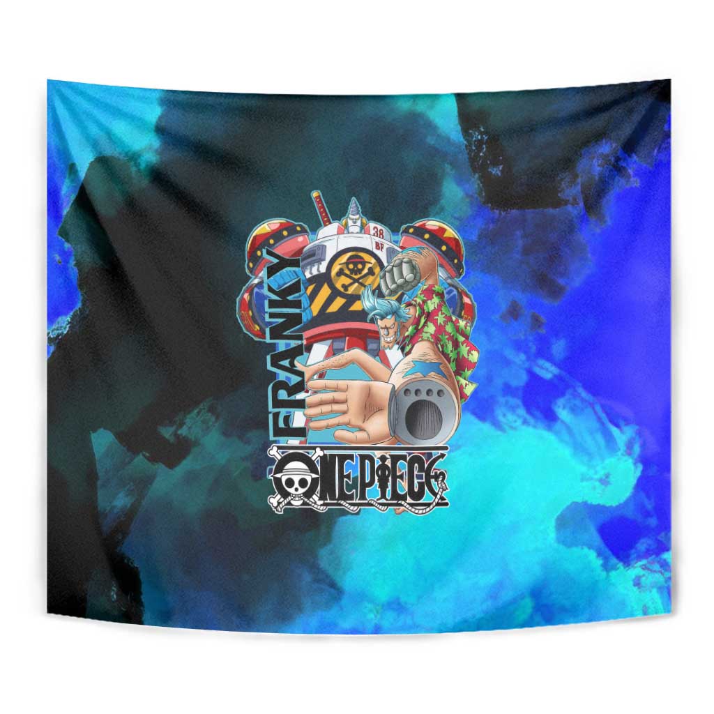 Franky One Piece Blue Theme Tapestry with Cyborg Design and Shipwright Pose - The Mazicc